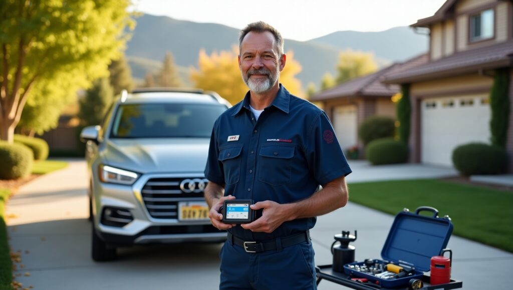 A mobile mechanic using a diagnostic scanner on a modern SUV parked in a Boise residential driveway, with scenic Boise foothills in the background. Daylight, tools visible, mechanic in uniform