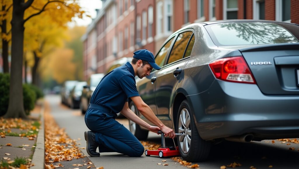 A mobile mechanic using a diagnostic scanner on a modern SUV parked in a Bois